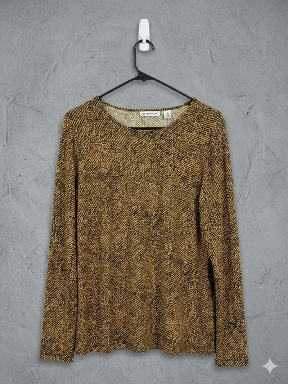 Susan Graver Liquid Knit Top Size L Large Tan Black Abstract Animal Print Boho
